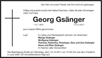 Traueranzeige von Georg Gsänger von Pegnitz-Zeitung